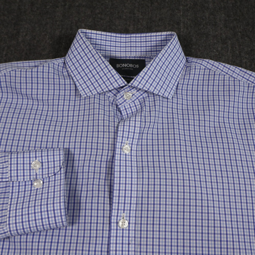 Bonobos Mens Slim Fit Wrinkle Free Gingham Dress Shirt Blue White 16 x 34